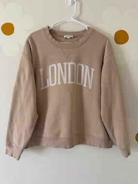 Bohme Beige London Velvet Graphic Pullover Relaxed Fit Crewneck